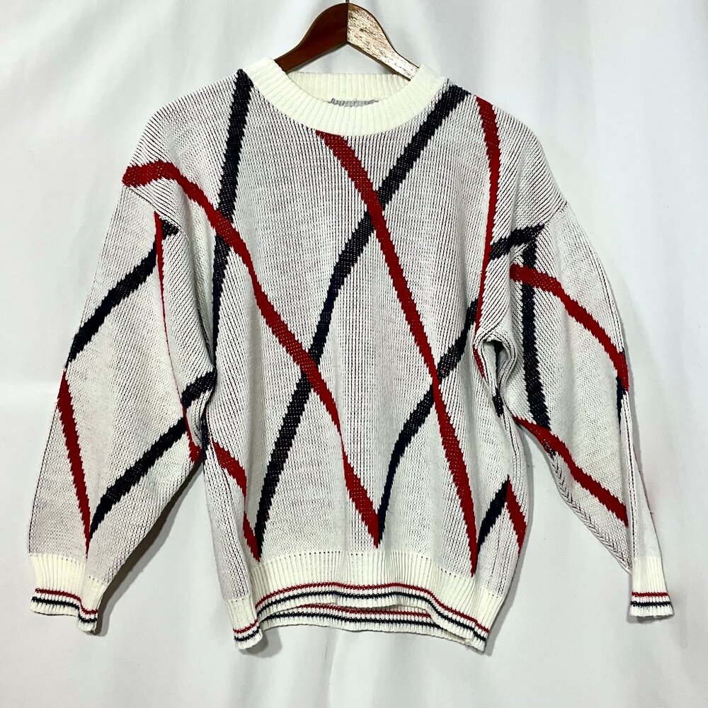 Cabin Creek Mens Sz Med Vintage Red Blue & White Sweater Acrylic Made in the USA